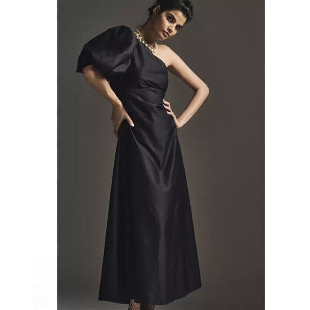 Aureta Studio One-Shoulder Puff-Sleeve Dress Size 2X Black
